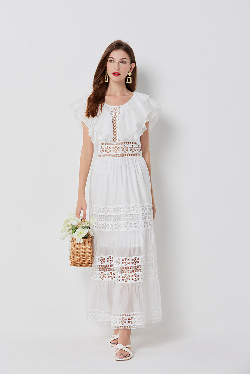 Cool Cotton Stitching Lace Hollow Dress Sleeve Dress