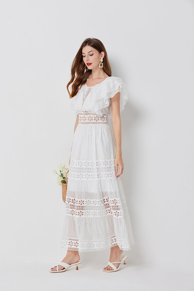 Cool Cotton Stitching Lace Hollow Dress Sleeve Dress