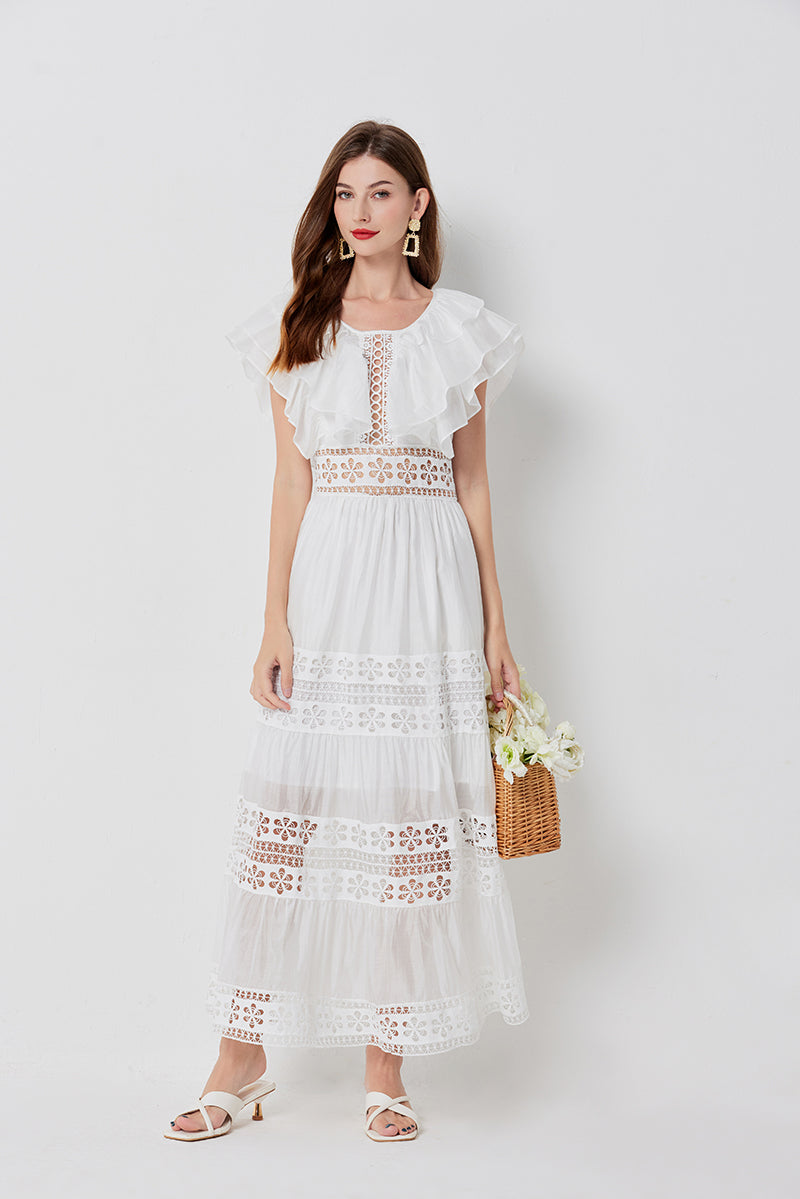 Cool Cotton Stitching Lace Hollow Dress Sleeve Dress