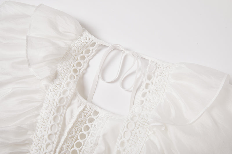 Cool Cotton Stitching Lace Hollow Dress Sleeve Dress