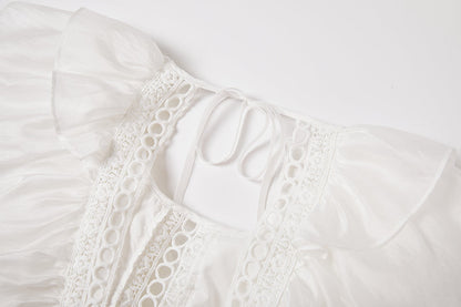 Cool Cotton Stitching Lace Hollow Dress Sleeve Dress