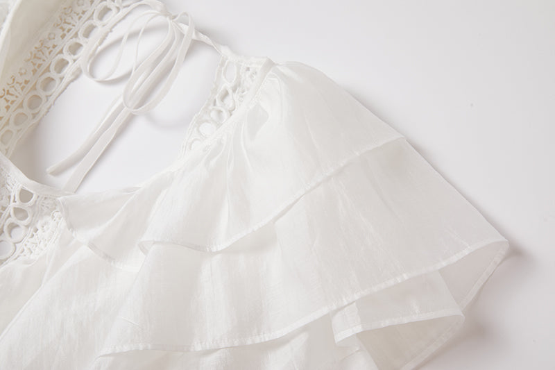 Cool Cotton Stitching Lace Hollow Dress Sleeve Dress