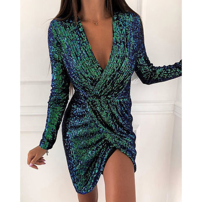 Beaded Dress Long Sleeve V-neck Mini Dress