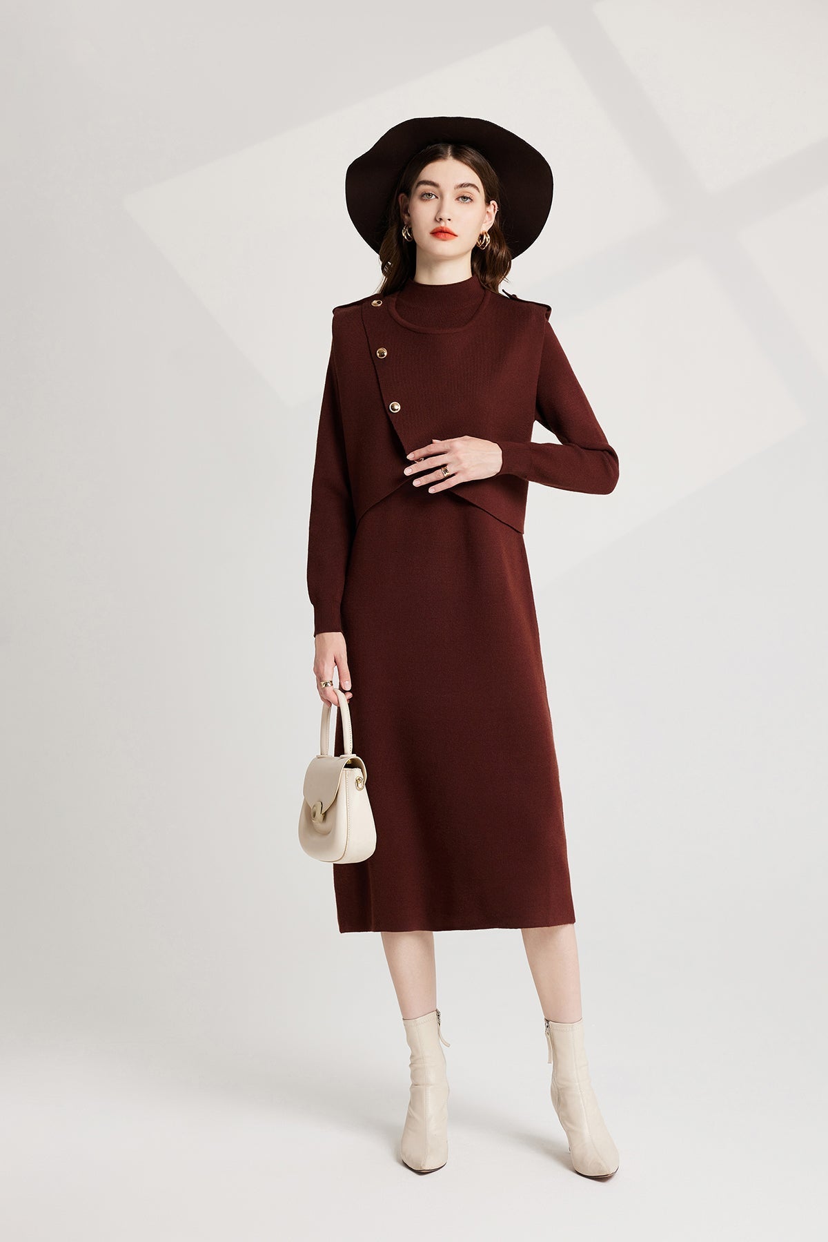 Thickened Distinctive Semi High Neck Base Knitted Vest Long Sleeved Dress Two Piece Set