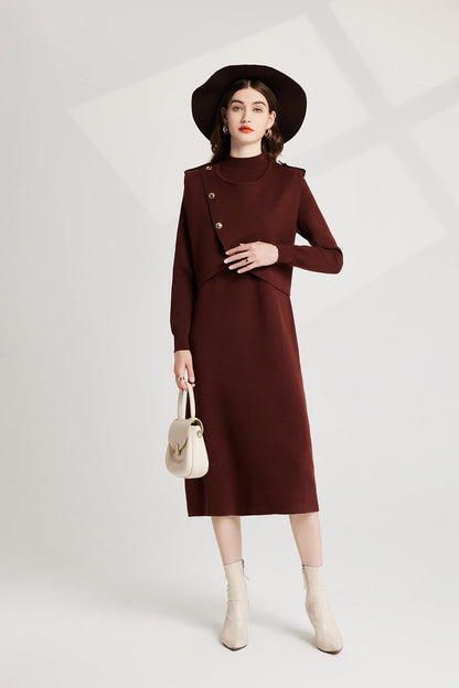 Thickened Distinctive Semi High Neck Base Knitted Vest Long Sleeved Dress Two Piece Set