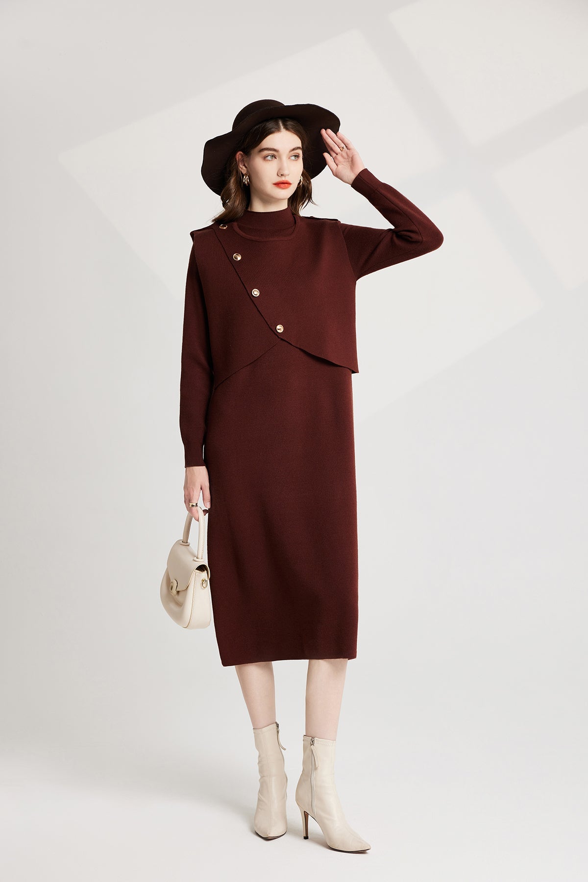 Thickened Distinctive Semi High Neck Base Knitted Vest Long Sleeved Dress Two Piece Set