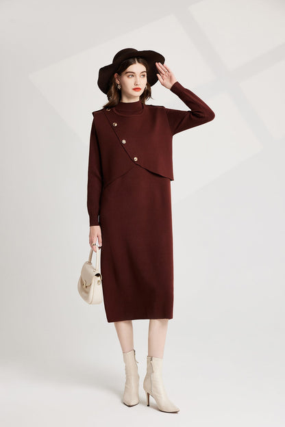 Thickened Distinctive Semi High Neck Base Knitted Vest Long Sleeved Dress Two Piece Set