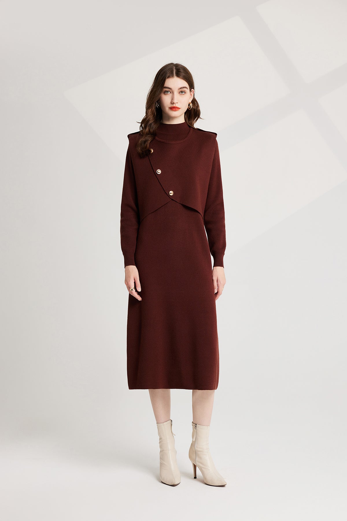 Thickened Distinctive Semi High Neck Base Knitted Vest Long Sleeved Dress Two Piece Set