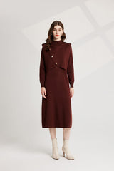 Thickened Distinctive Semi High Neck Base Knitted Vest Long Sleeved Dress Two Piece Set