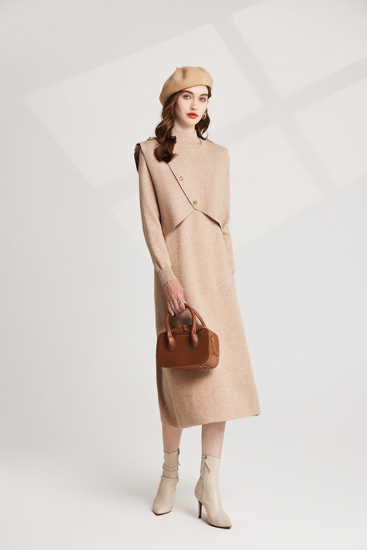 Thickened Distinctive Semi High Neck Base Knitted Vest Long Sleeved Dress Two Piece Set