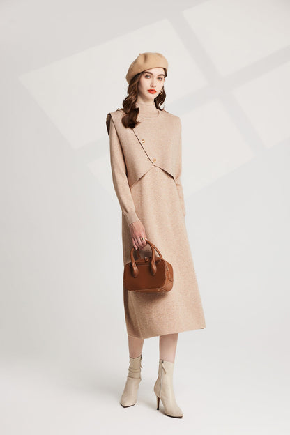 Thickened Distinctive Semi High Neck Base Knitted Vest Long Sleeved Dress Two Piece Set