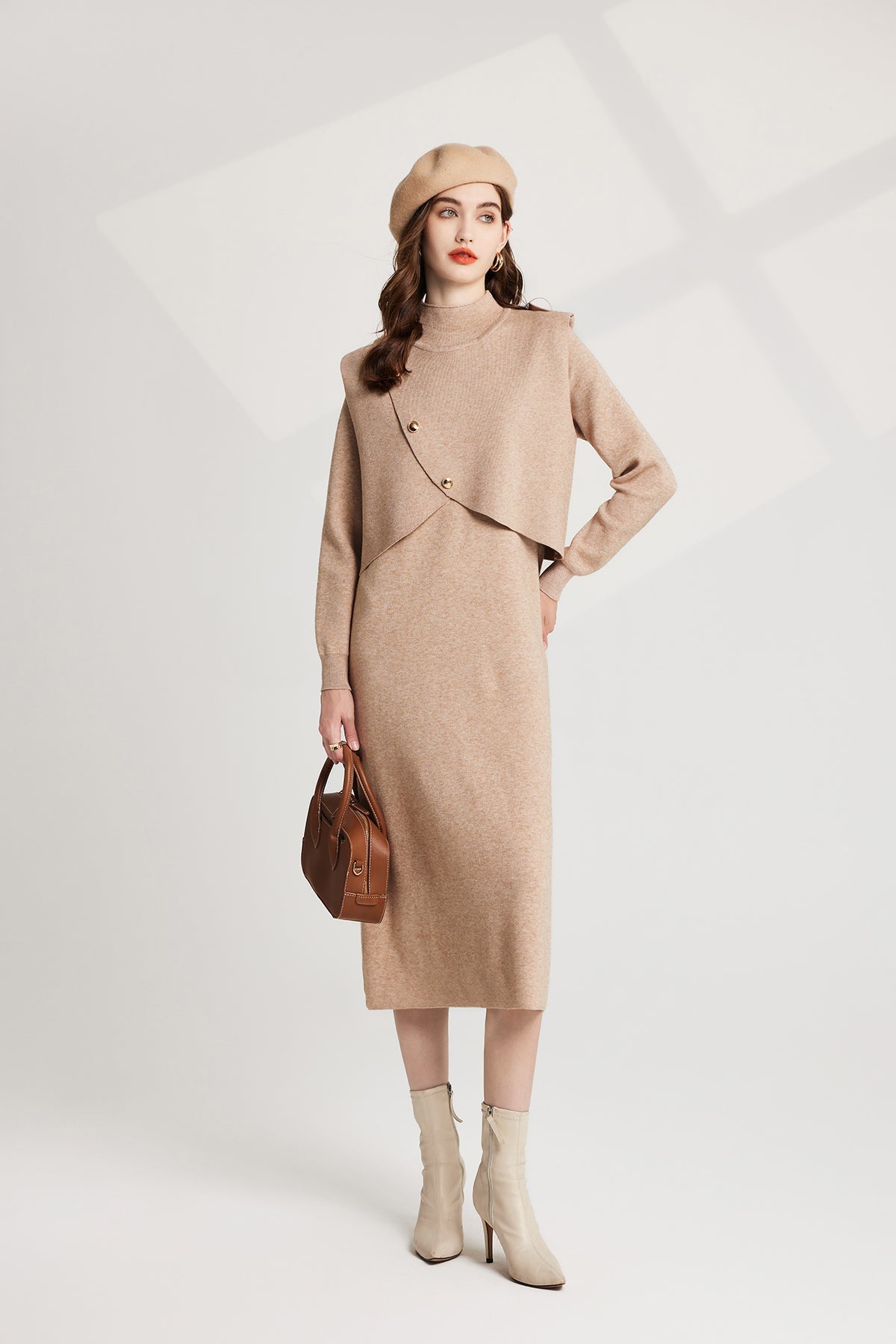 Thickened Distinctive Semi High Neck Base Knitted Vest Long Sleeved Dress Two Piece Set