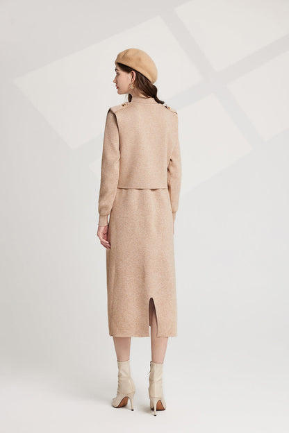 Thickened Distinctive Semi High Neck Base Knitted Vest Long Sleeved Dress Two Piece Set
