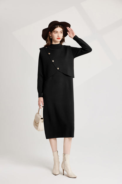 Thickened Distinctive Semi High Neck Base Knitted Vest Long Sleeved Dress Two Piece Set
