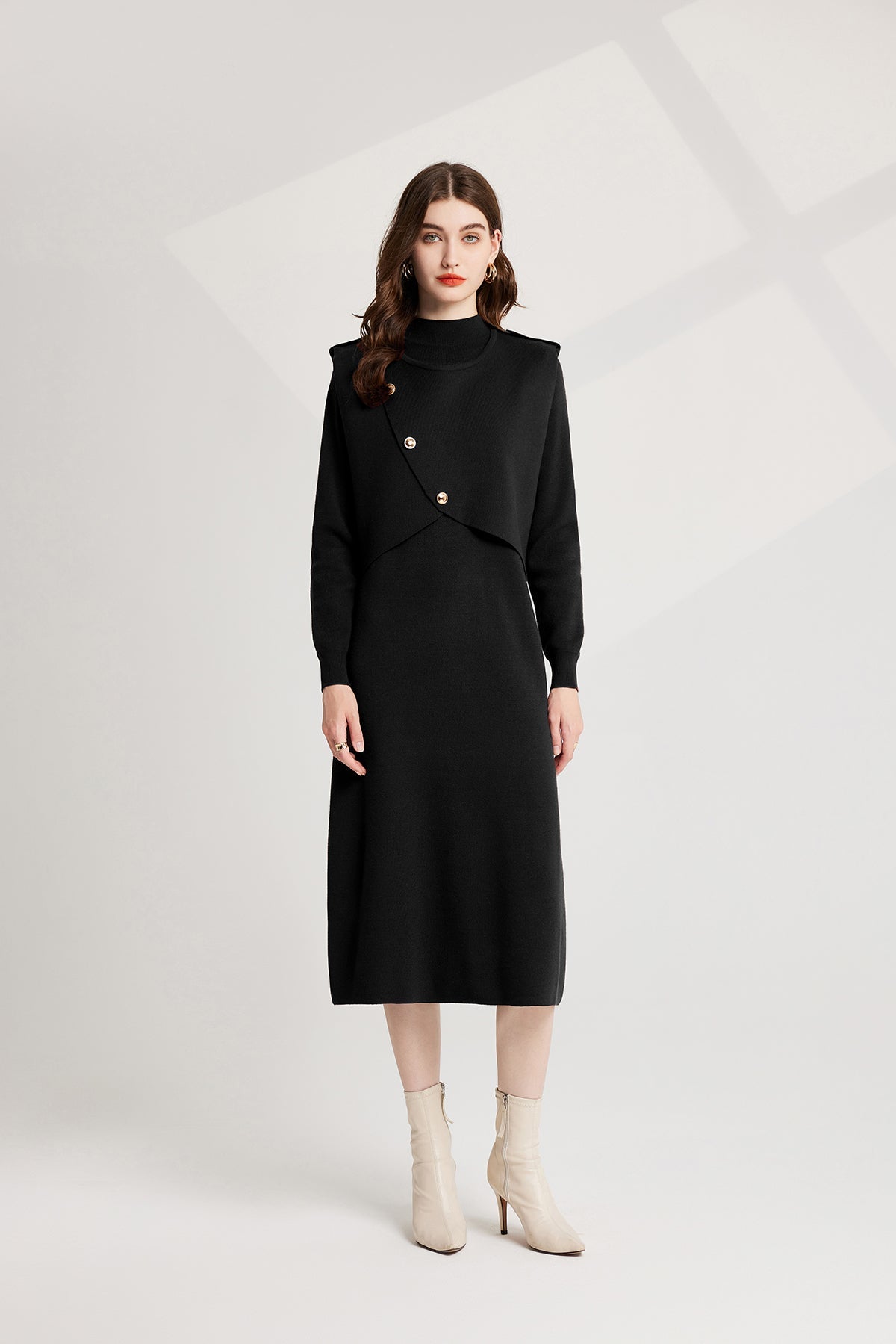 Thickened Distinctive Semi High Neck Base Knitted Vest Long Sleeved Dress Two Piece Set