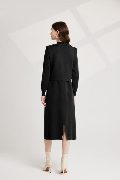 Thickened Distinctive Semi High Neck Base Knitted Vest Long Sleeved Dress Two Piece Set