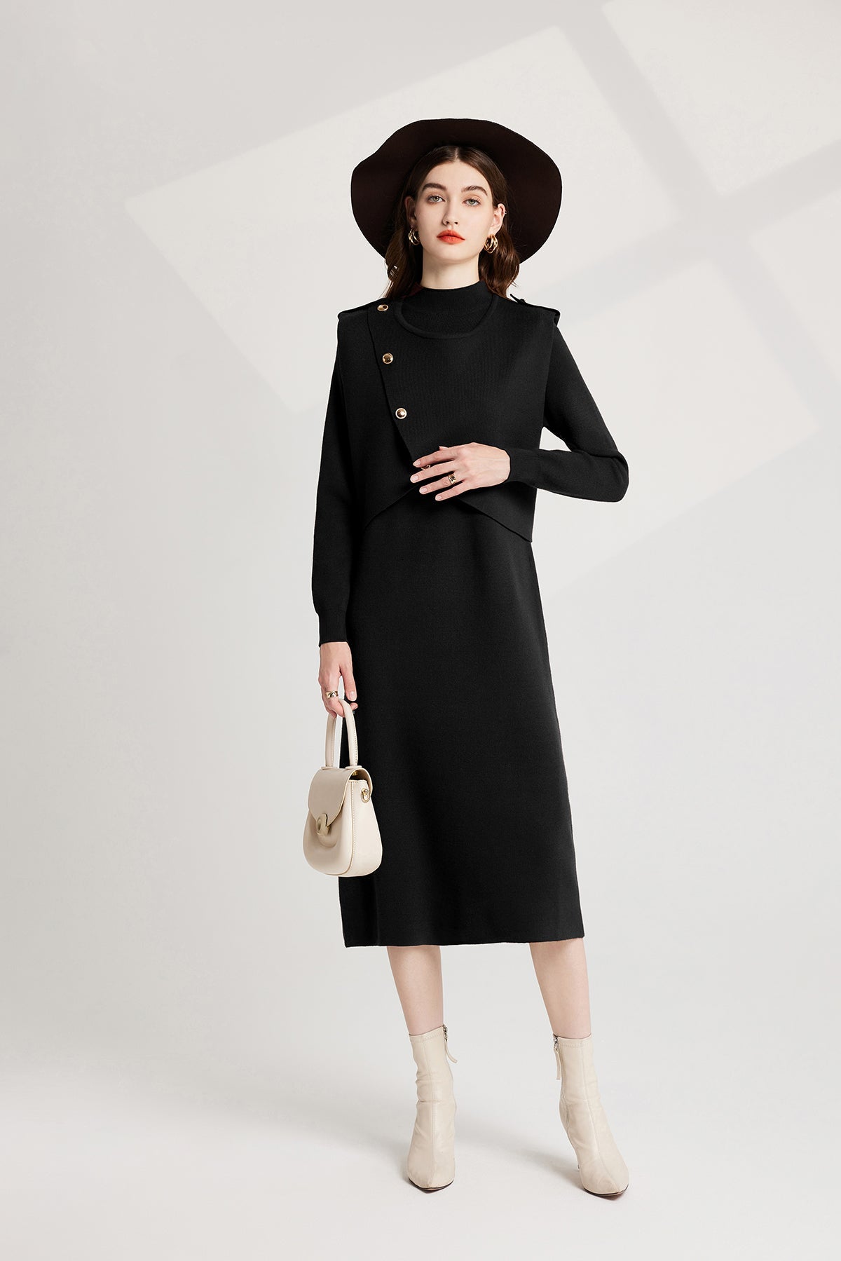 Thickened Distinctive Semi High Neck Base Knitted Vest Long Sleeved Dress Two Piece Set