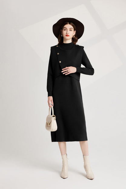 Thickened Distinctive Semi High Neck Base Knitted Vest Long Sleeved Dress Two Piece Set