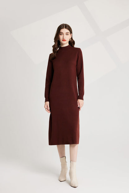 Thickened Distinctive Semi High Neck Base Knitted Vest Long Sleeved Dress Two Piece Set