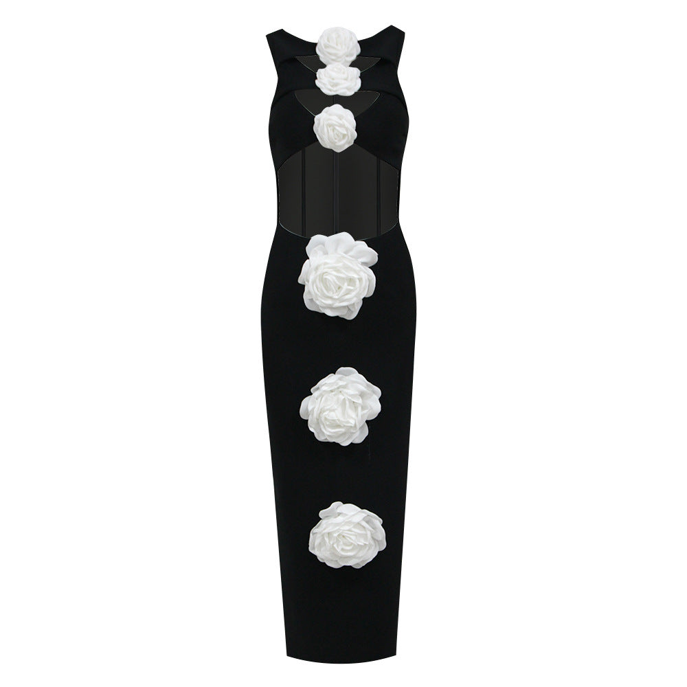 Floral Slim Fit Slimming Bandage Dress Niche Hollow Out Cutout Sleeveless Dress