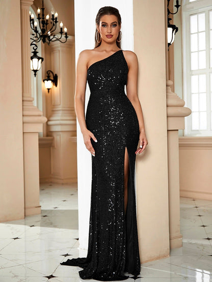 Sling Shoulder Black Dinner Sequ Dress