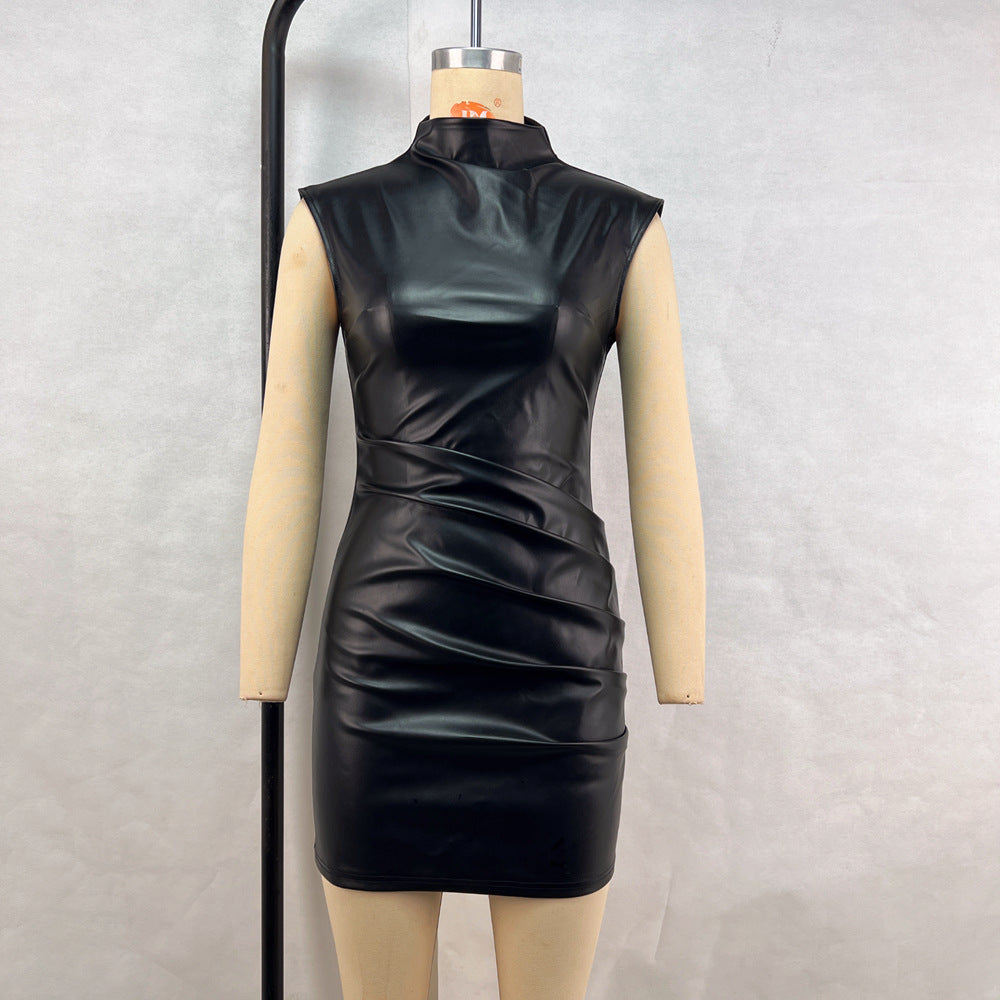 Street Hipster Faux Leather StCollar Sleeveless Oversleeve Sheath Pleated Dress