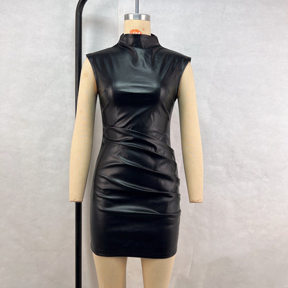 Street Hipster Faux Leather StCollar Sleeveless Oversleeve Sheath Pleated Dress