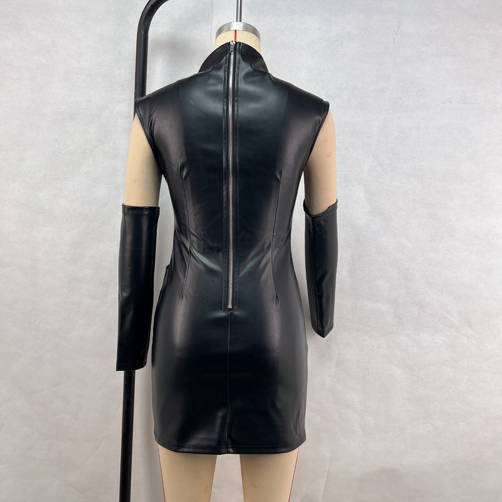 Street Hipster Faux Leather StCollar Sleeveless Oversleeve Sheath Pleated Dress