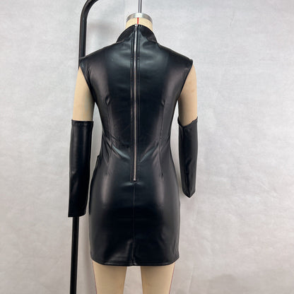 Street Hipster Faux Leather StCollar Sleeveless Oversleeve Sheath Pleated Dress