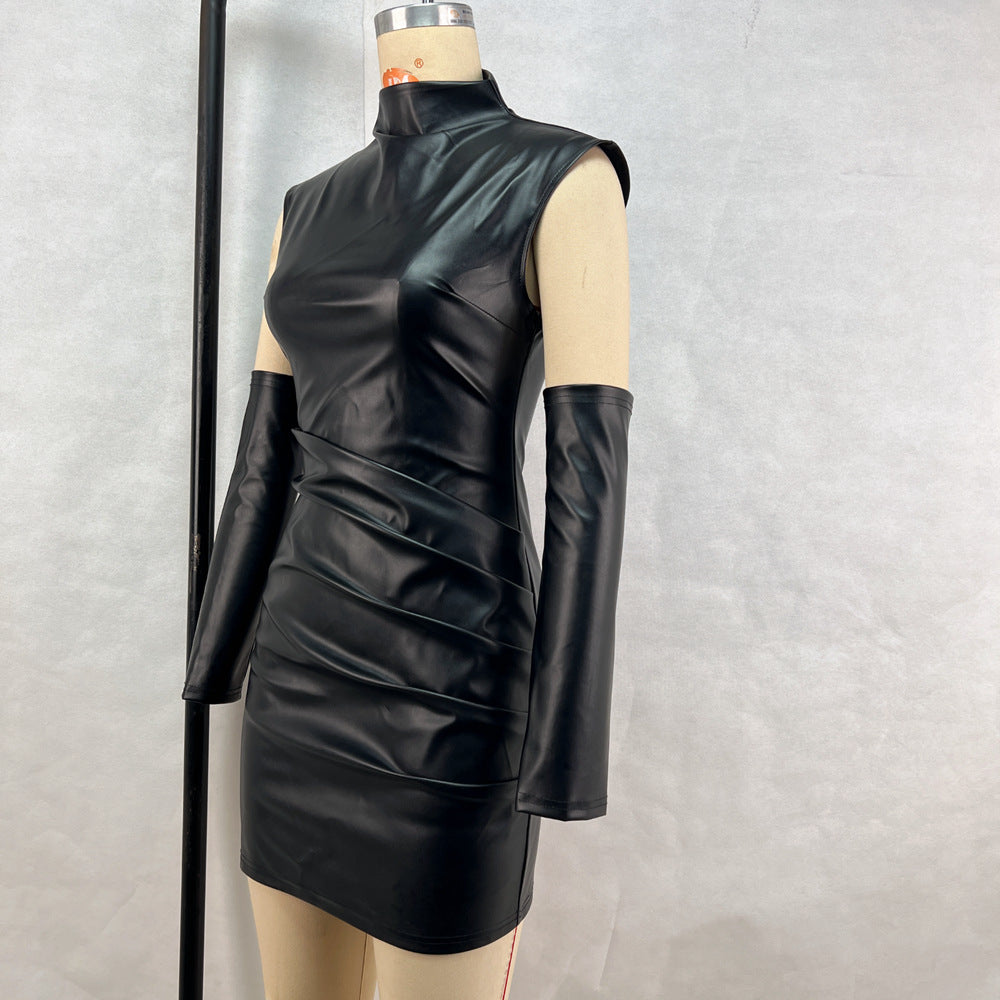 Street Hipster Faux Leather StCollar Sleeveless Oversleeve Sheath Pleated Dress