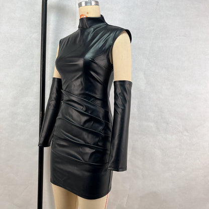 Street Hipster Faux Leather StCollar Sleeveless Oversleeve Sheath Pleated Dress