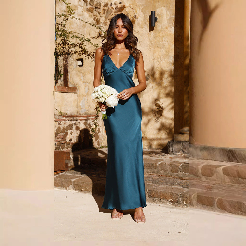 Backless Slit Solid Color Dress Sling Slim Mid Length