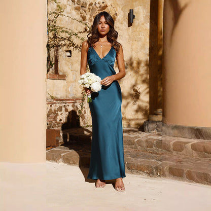 Backless Slit Solid Color Dress Sling Slim Mid Length