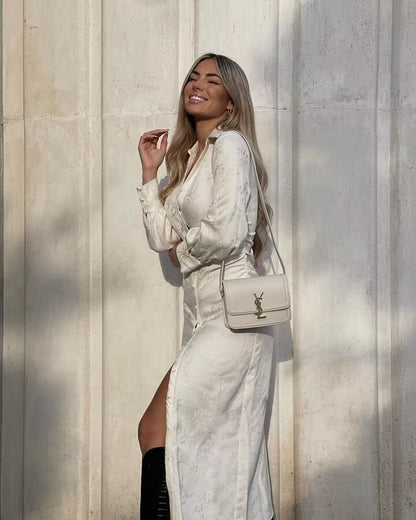 Simple V neck Jacquard Drawstring Dress