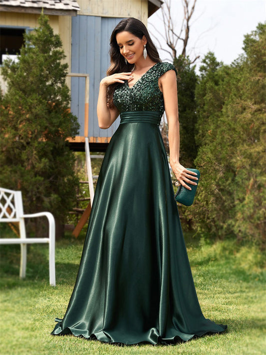 Sequined V neck Evening Dress for Cocktail Elegant Satin A line Dress Party
