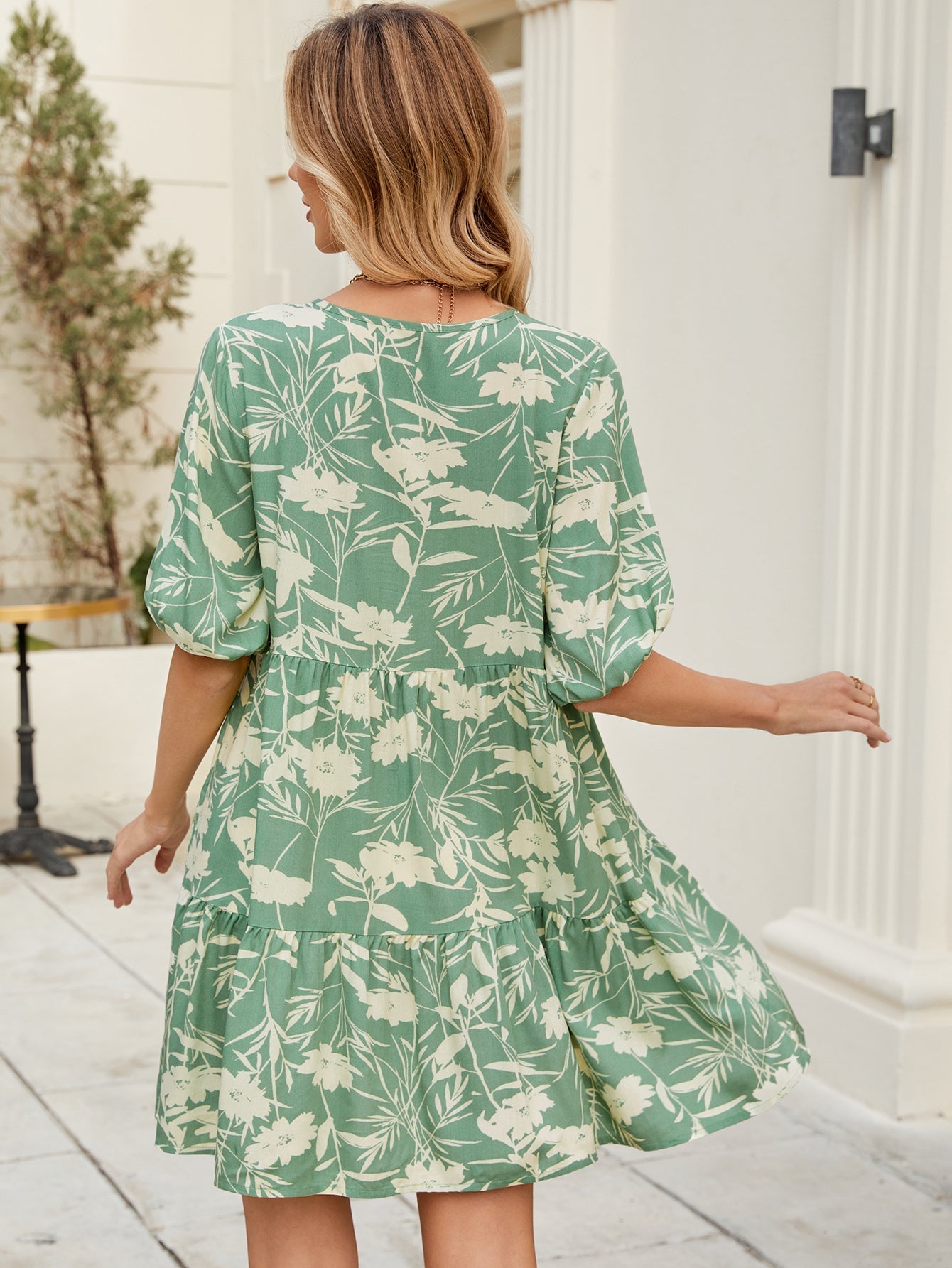 Print V Neck Loose Short Sleeved Dress