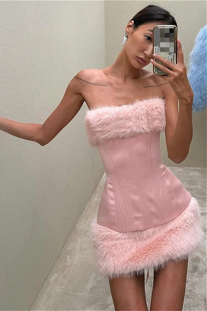 Solid Fuzzy Paneled Tie Waist Sexy Mini Dress