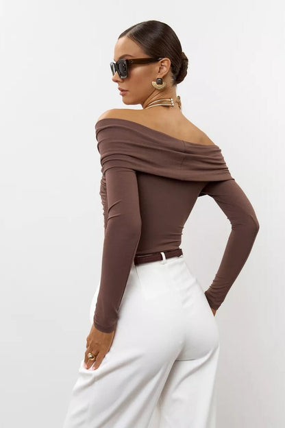 Ruched Cross Slim Bare-Shoulder Long Sleeve Tee