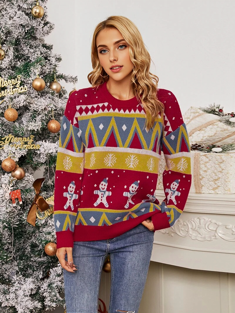 JuliaFashion-Christmas Snowflake Sweater New Pullover Christmas Snowman Sweater