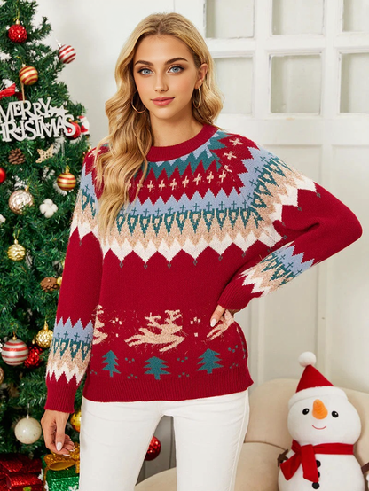 JuliaFashion-Christmas Sweater Round Neck Tops Women Clothing 2024 Winter New Deer Jacquard Pullover