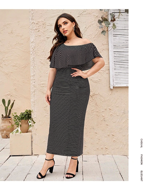 JuliaFashion - 2024 Shoulder Ruffle Stripe Rear Fork Waist Maxi Dresses