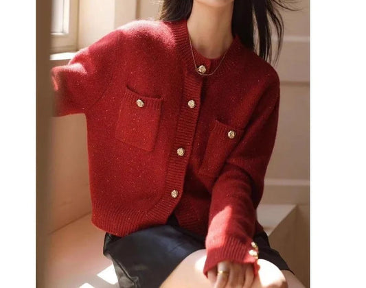 Solid Color Office Lady O-Neck Cardigan Red / S Cardigan-241208