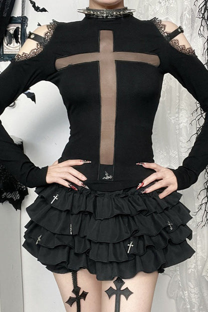 Gothic Cross Sheer Long Sleeve T-Shirt