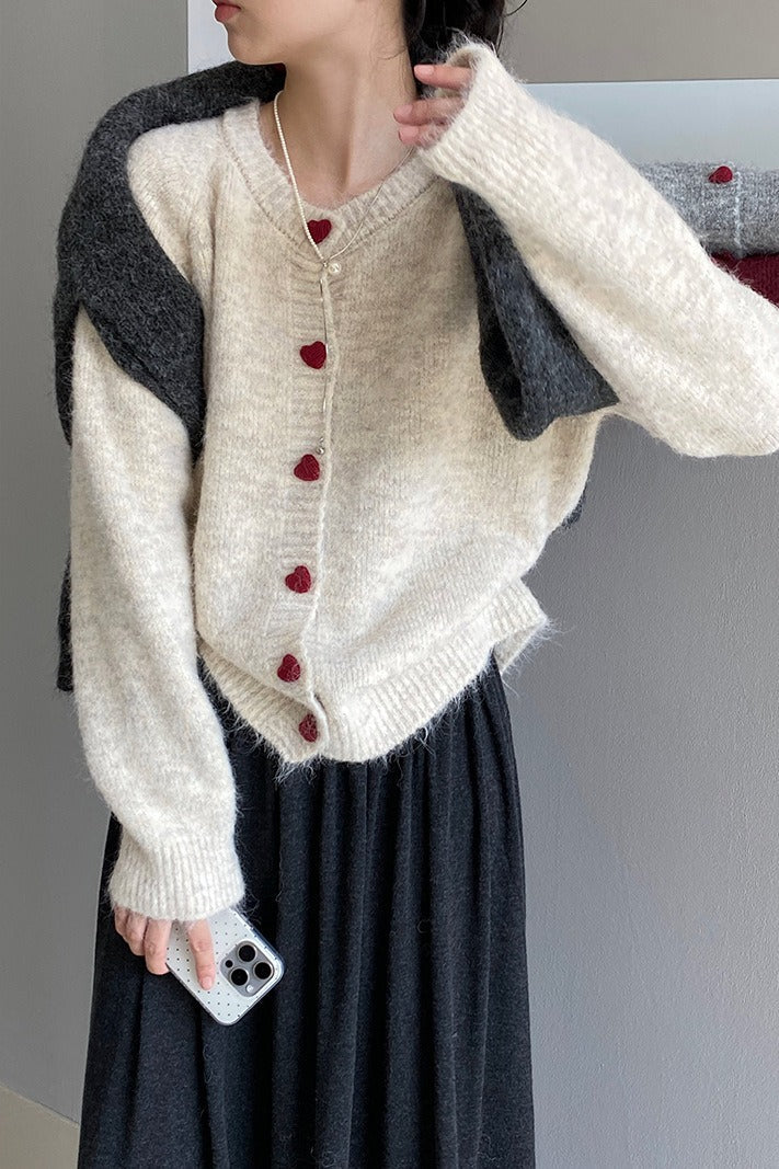 Oversized Heart Button Round Neck Christmas Cardigan