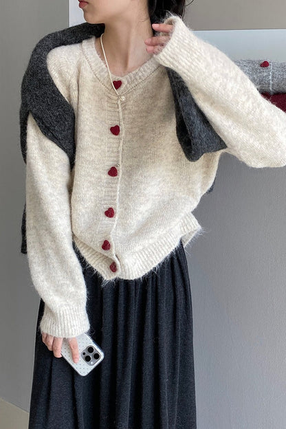 Oversized Heart Button Round Neck Christmas Cardigan