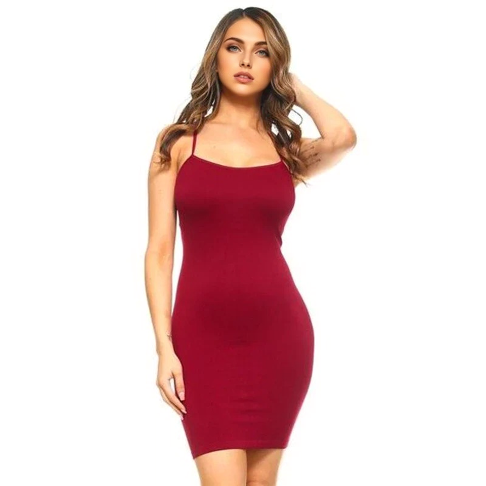 Julia Fashion - Seamless Long Cami Stretchy Slip Tank Top Mini Dress