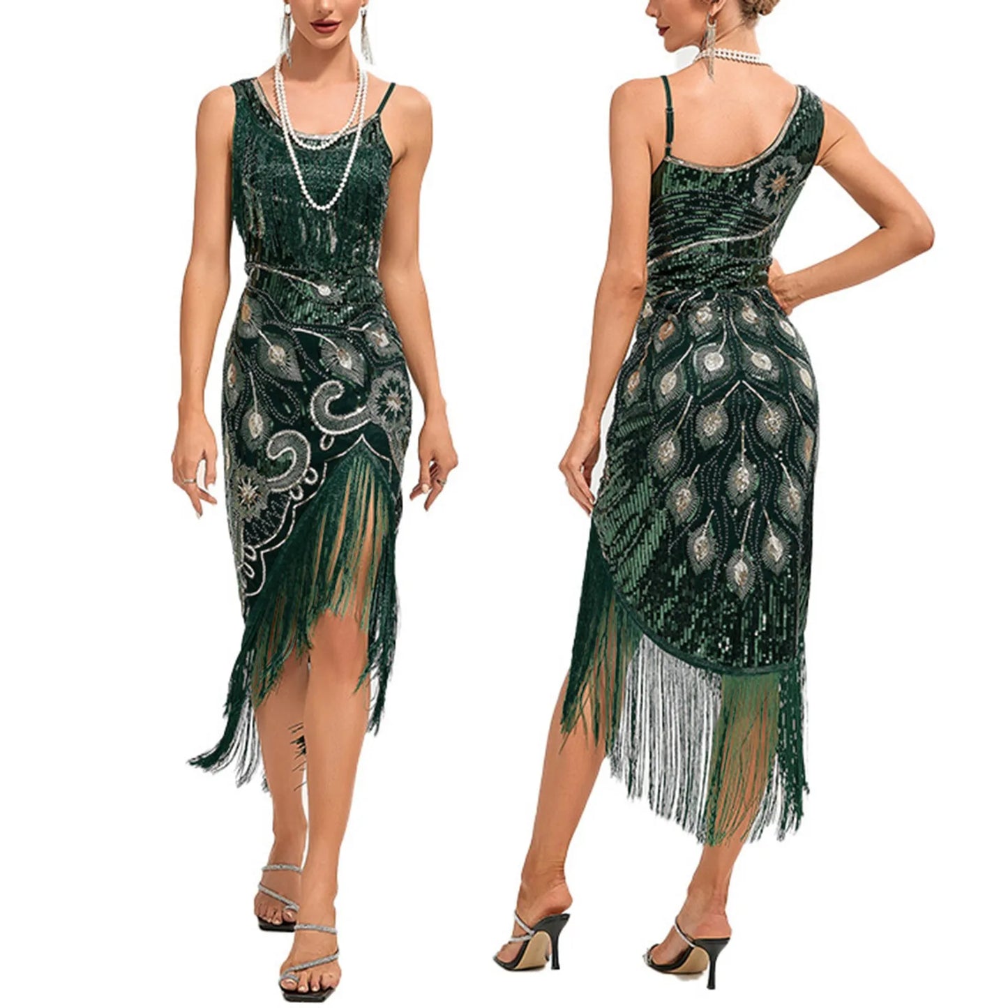 JuliaFashion - 1920s Knee Length Flapper Party Tassels Hem Sequined Cocktail 20s Great Gatsby Art Decor Elegant Dress