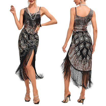 JuliaFashion - 1920s Knee Length Flapper Party Tassels Hem Sequined Cocktail 20s Great Gatsby Art Decor Elegant Dress