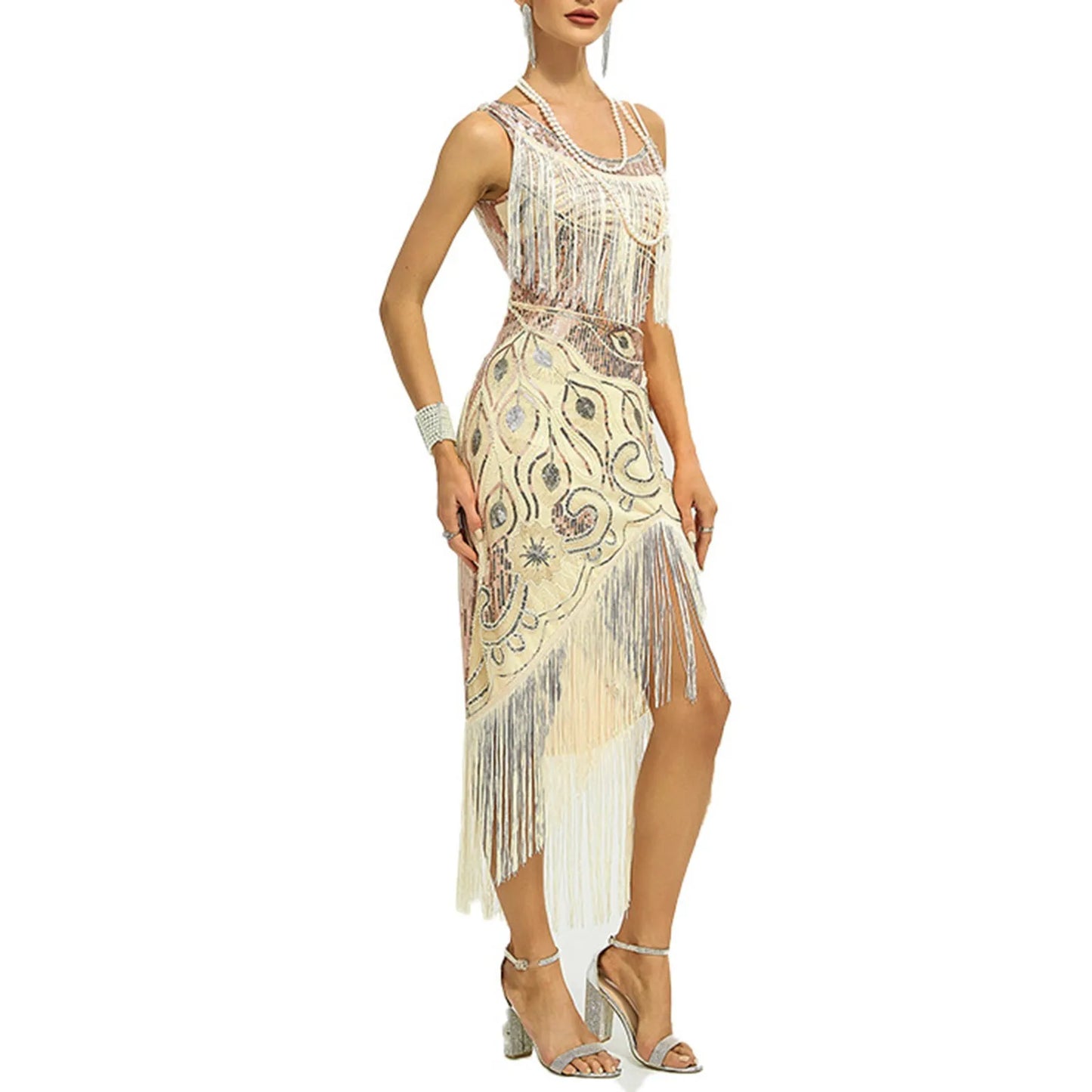 JuliaFashion - 1920s Knee Length Flapper Party Tassels Hem Sequined Cocktail 20s Great Gatsby Art Decor Elegant Dress