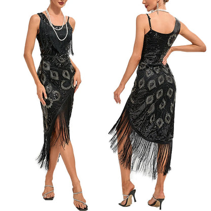 JuliaFashion - 1920s Knee Length Flapper Party Tassels Hem Sequined Cocktail 20s Great Gatsby Art Decor Elegant Dress